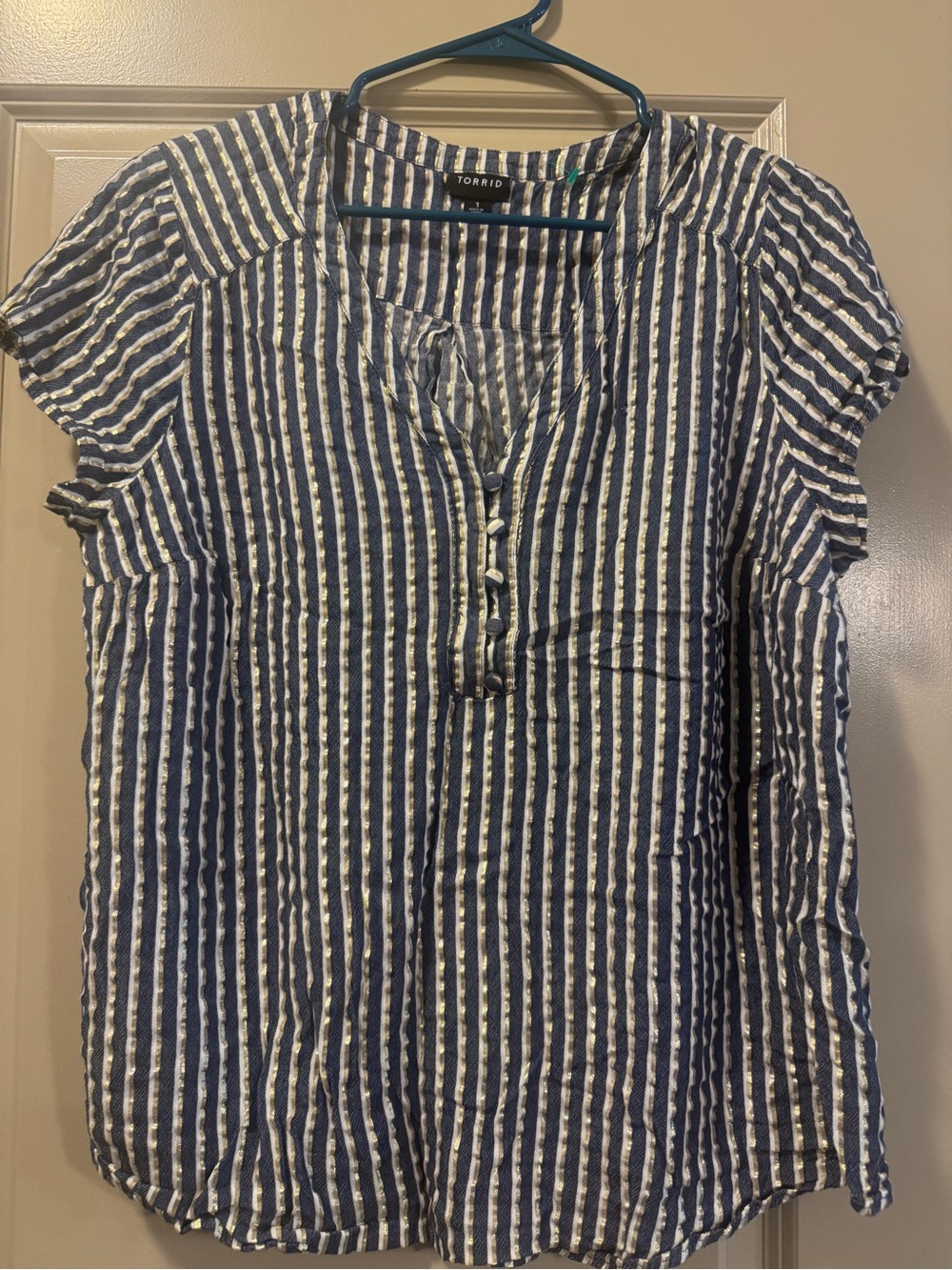 torrid Navy and White Vertical Stripe Short Sleeve Henley Blouse
